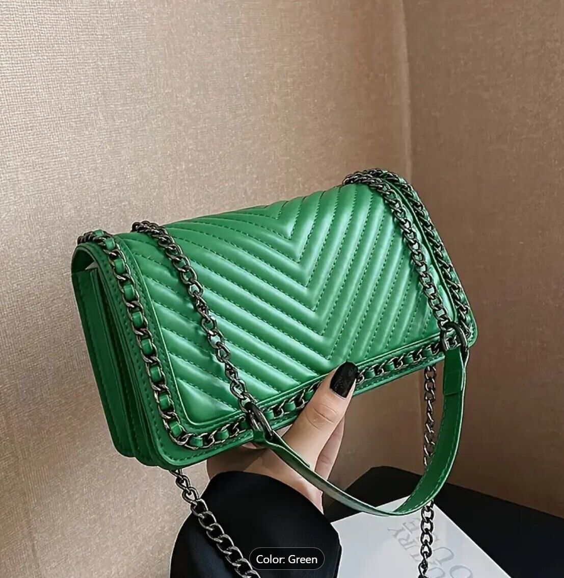 Fashion Small Square Shoulder Bag, Versatile Chain Bag, Solid Color-Green